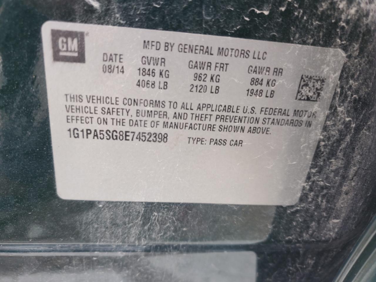 2014 Chevrolet Cruze Ls VIN: 1G1PA5SG8E7452398 Lot: 84422375