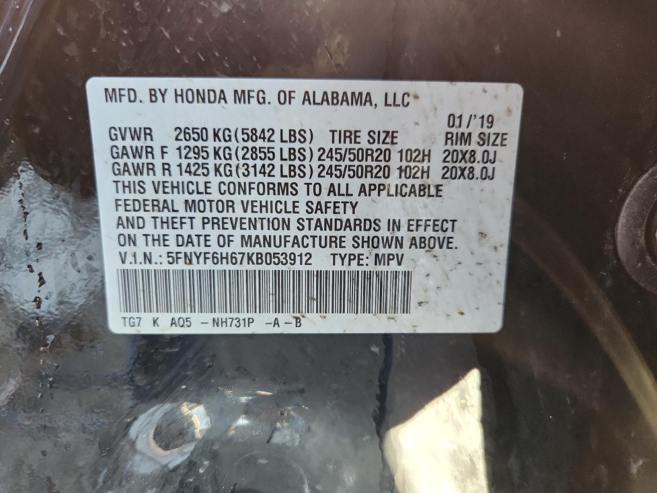 2019 Honda Pilot Touring VIN: 5FNYF6H67KB053912 Lot: 87006485