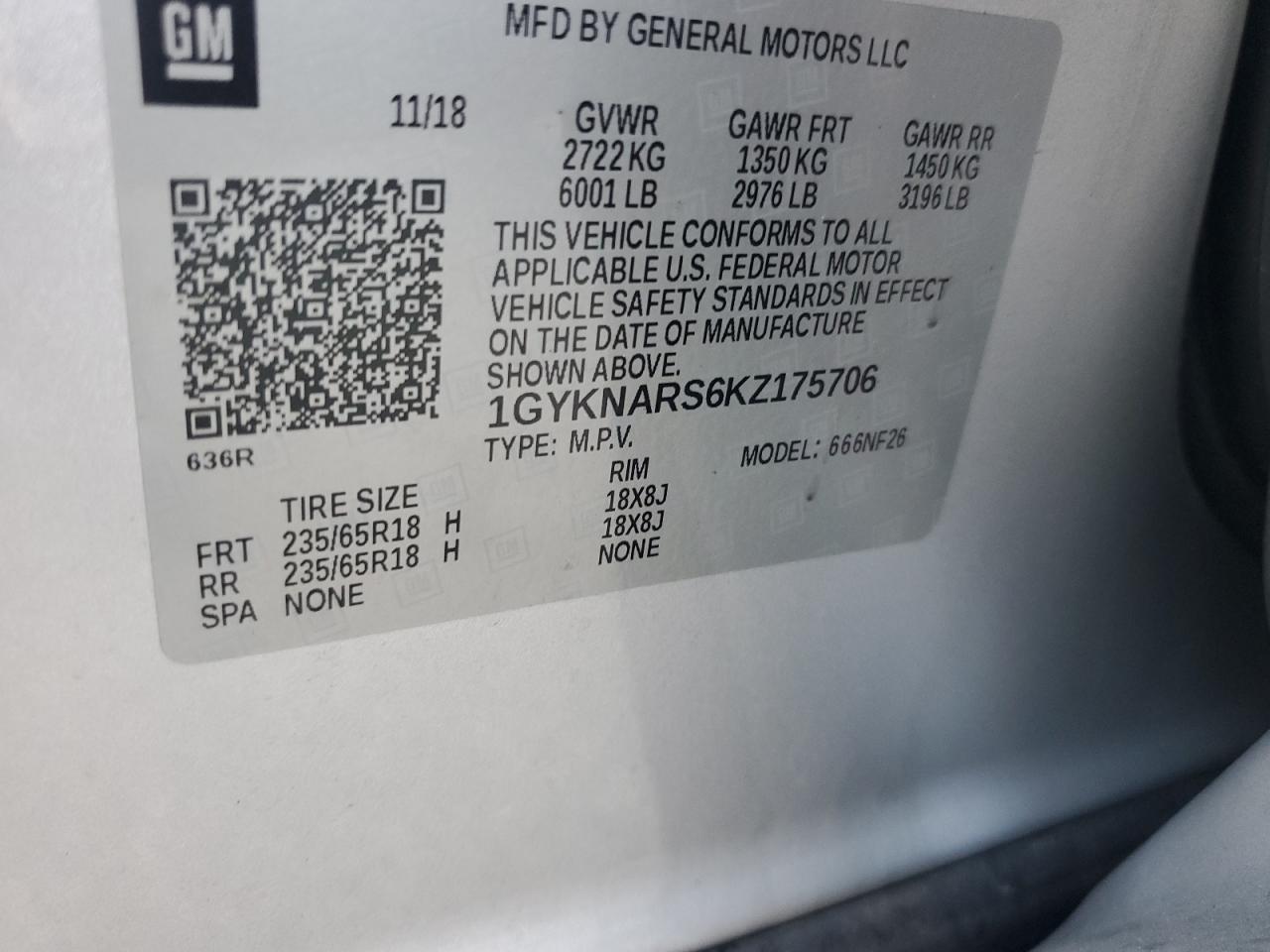 2019 Cadillac Xt5 VIN: 1GYKNARS6KZ175706 Lot: 85360865