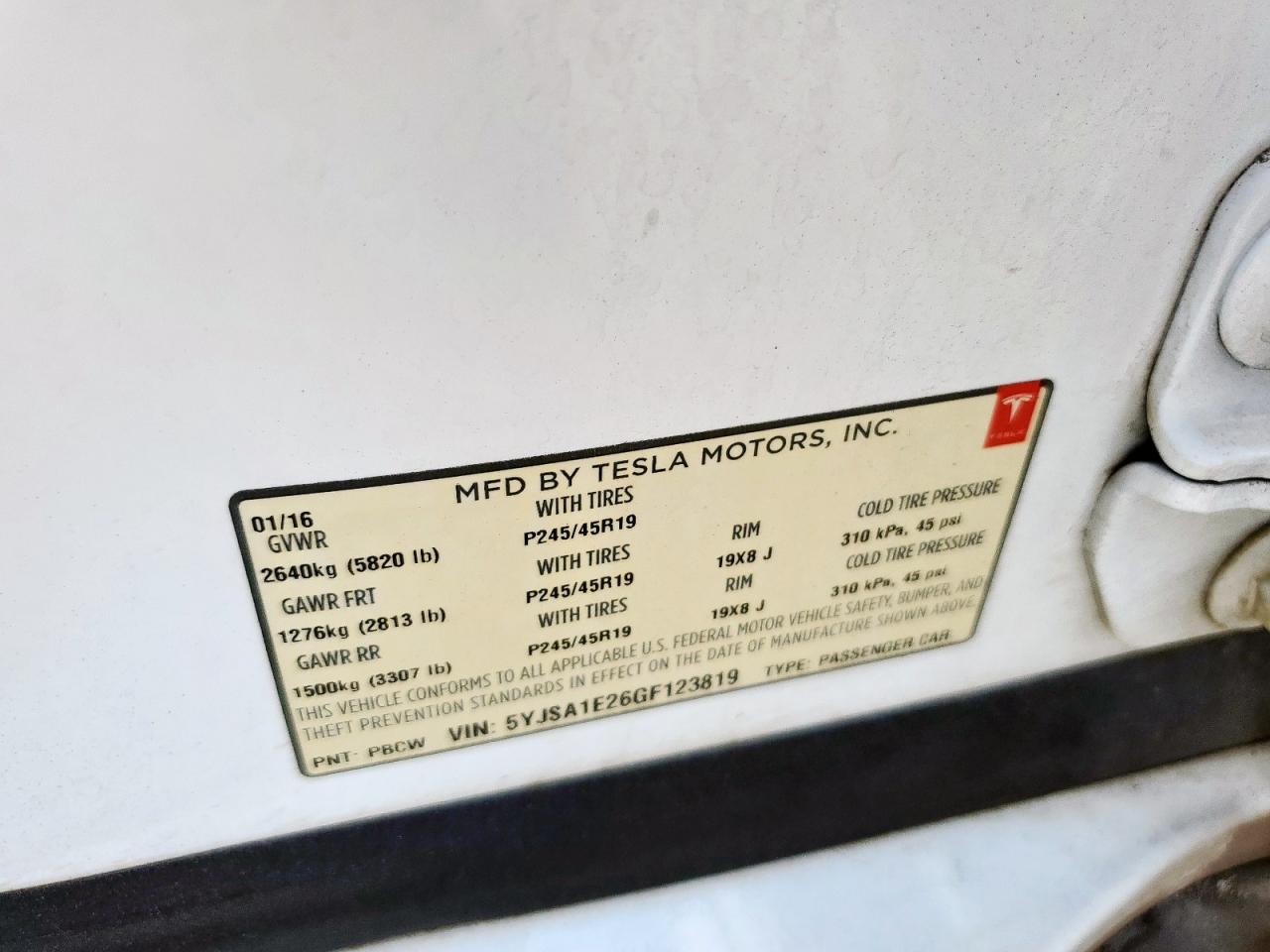 2016 Tesla Model S VIN: 5YJSA1E26GF123819 Lot: 84618055