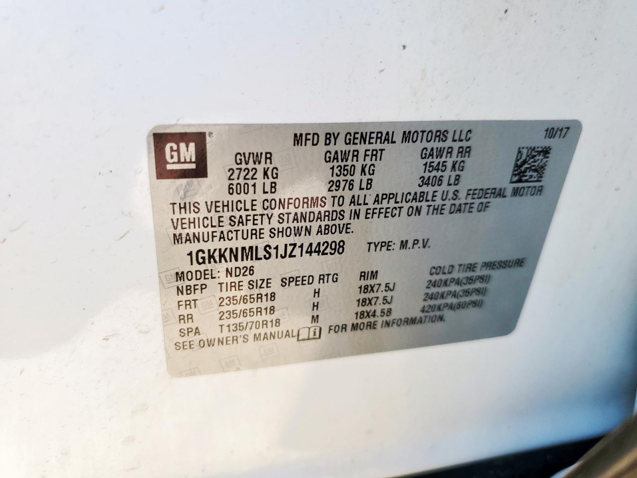 2018 GMC Acadia Slt-1 VIN: 1GKKNMLS1JZ144298 Lot: 85369555