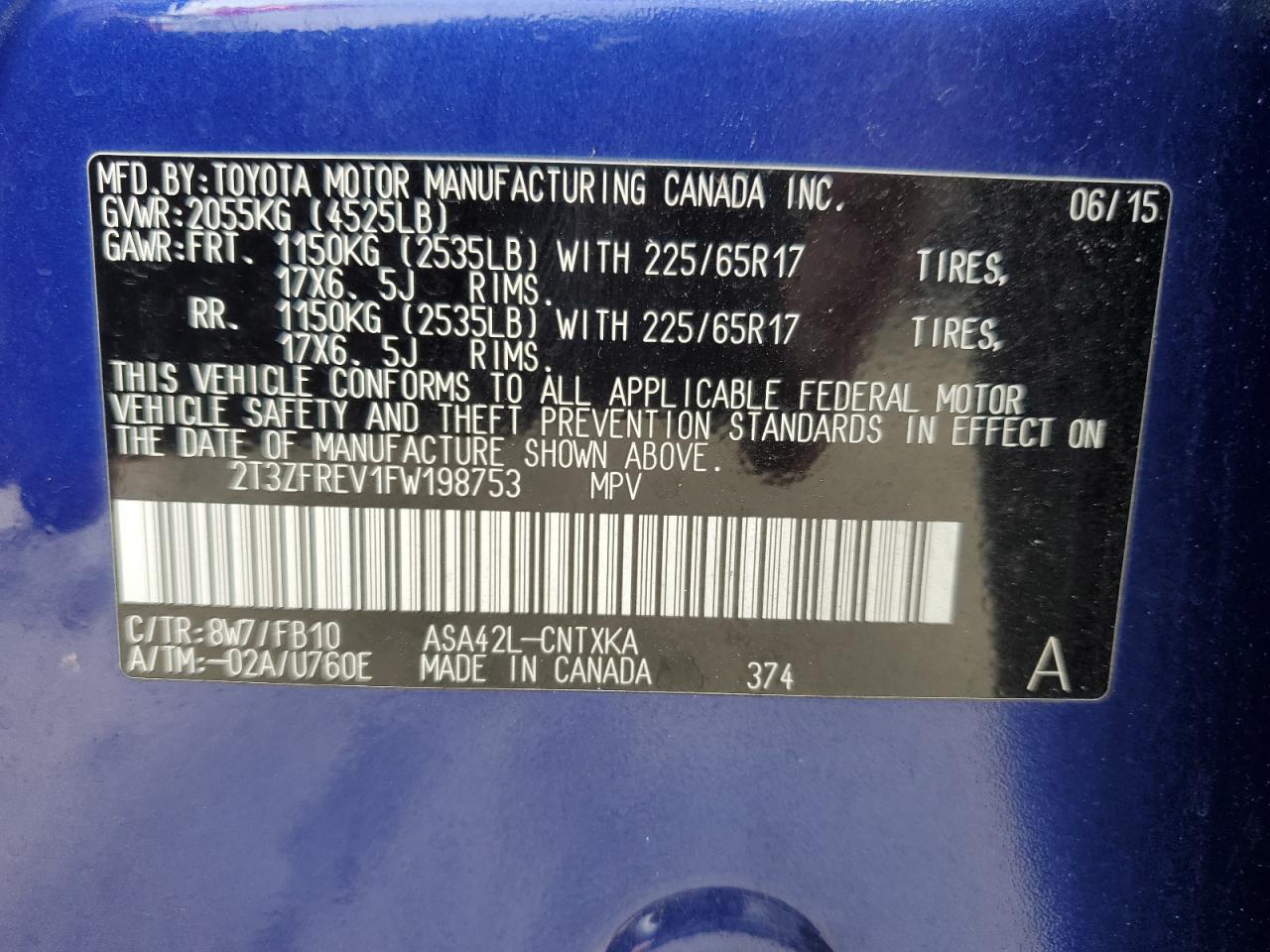 2015 Toyota Rav4 Le VIN: 2T3ZFREV1FW198753 Lot: 85071505