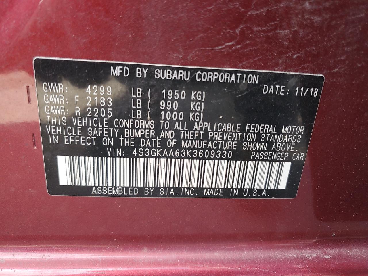 2019 Subaru Impreza VIN: 4S3GKAA63K3609330 Lot: 87178325