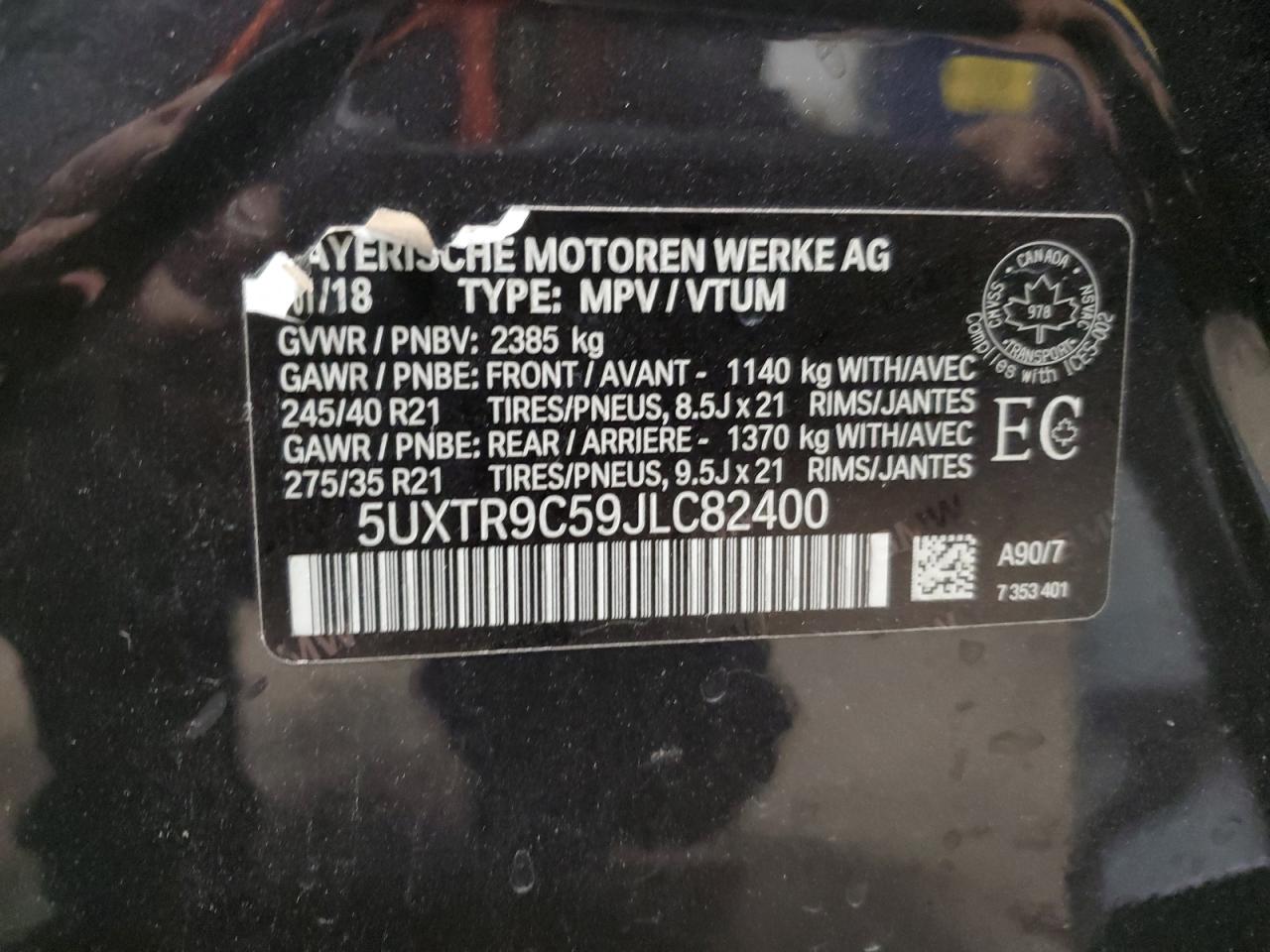 2018 BMW X3 xDrive30I VIN: 5UXTR9C59JLC82400 Lot: 90012855