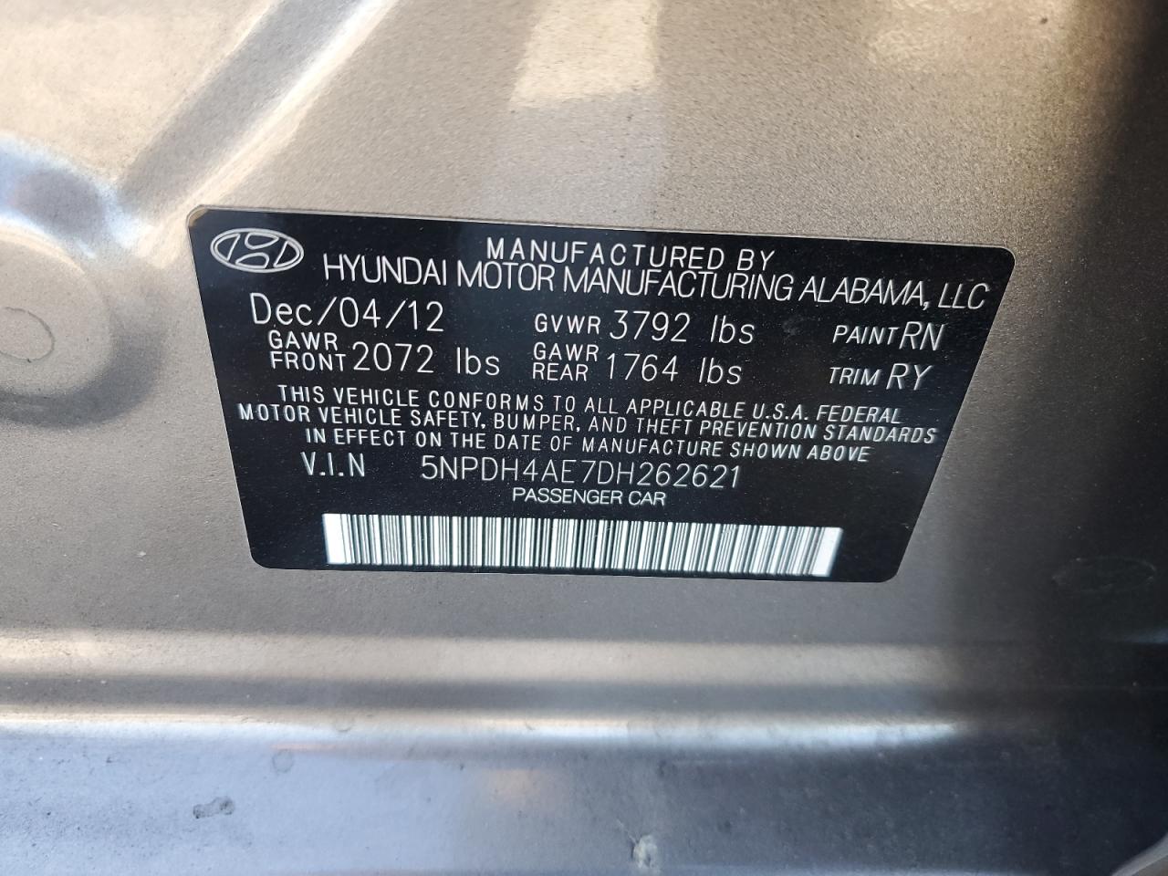 2013 Hyundai Elantra Gls VIN: 5NPDH4AE7DH262621 Lot: 84439945