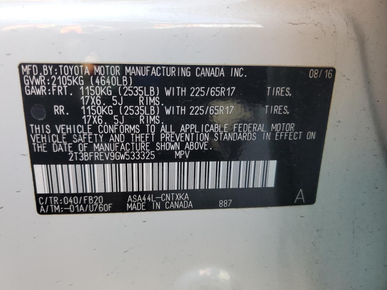 2016 Toyota Rav4 Le VIN: 2T3BFREV9GW533325 Lot: 82251325