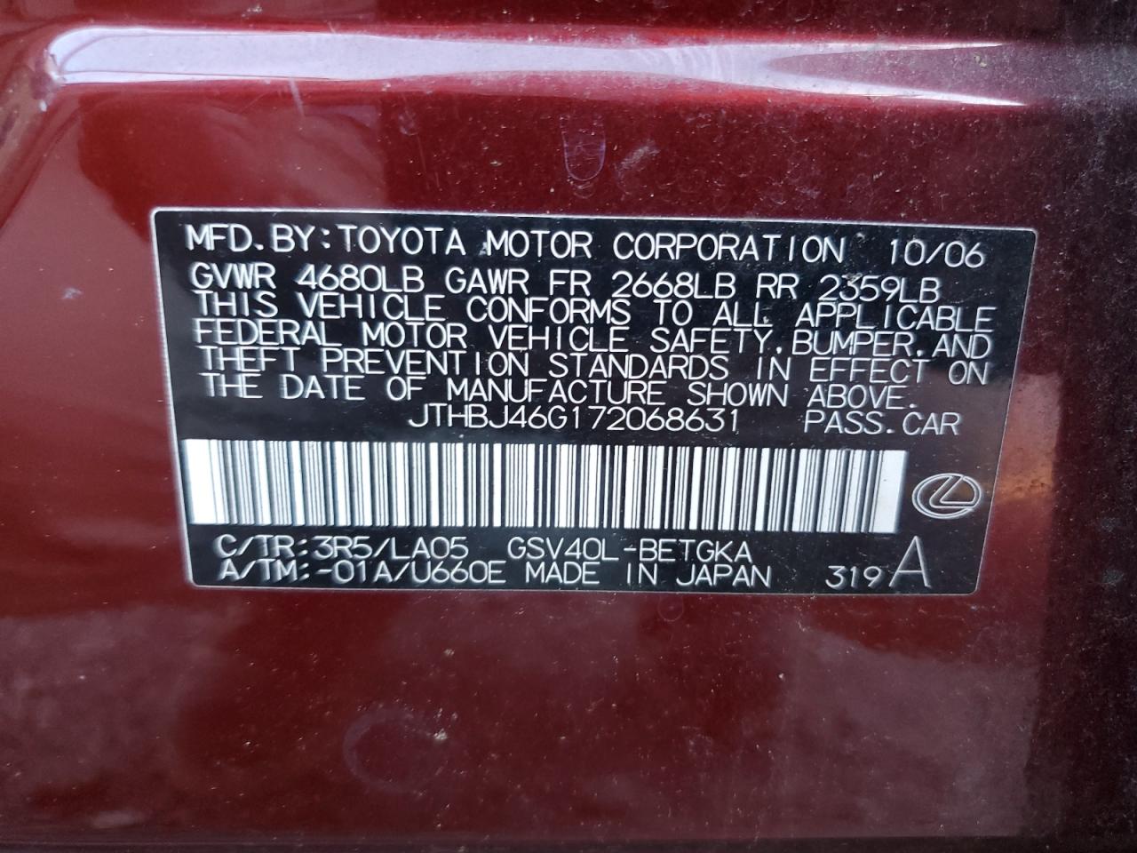 2007 Lexus Es 350 VIN: JTHBJ46G172068631 Lot: 82256385