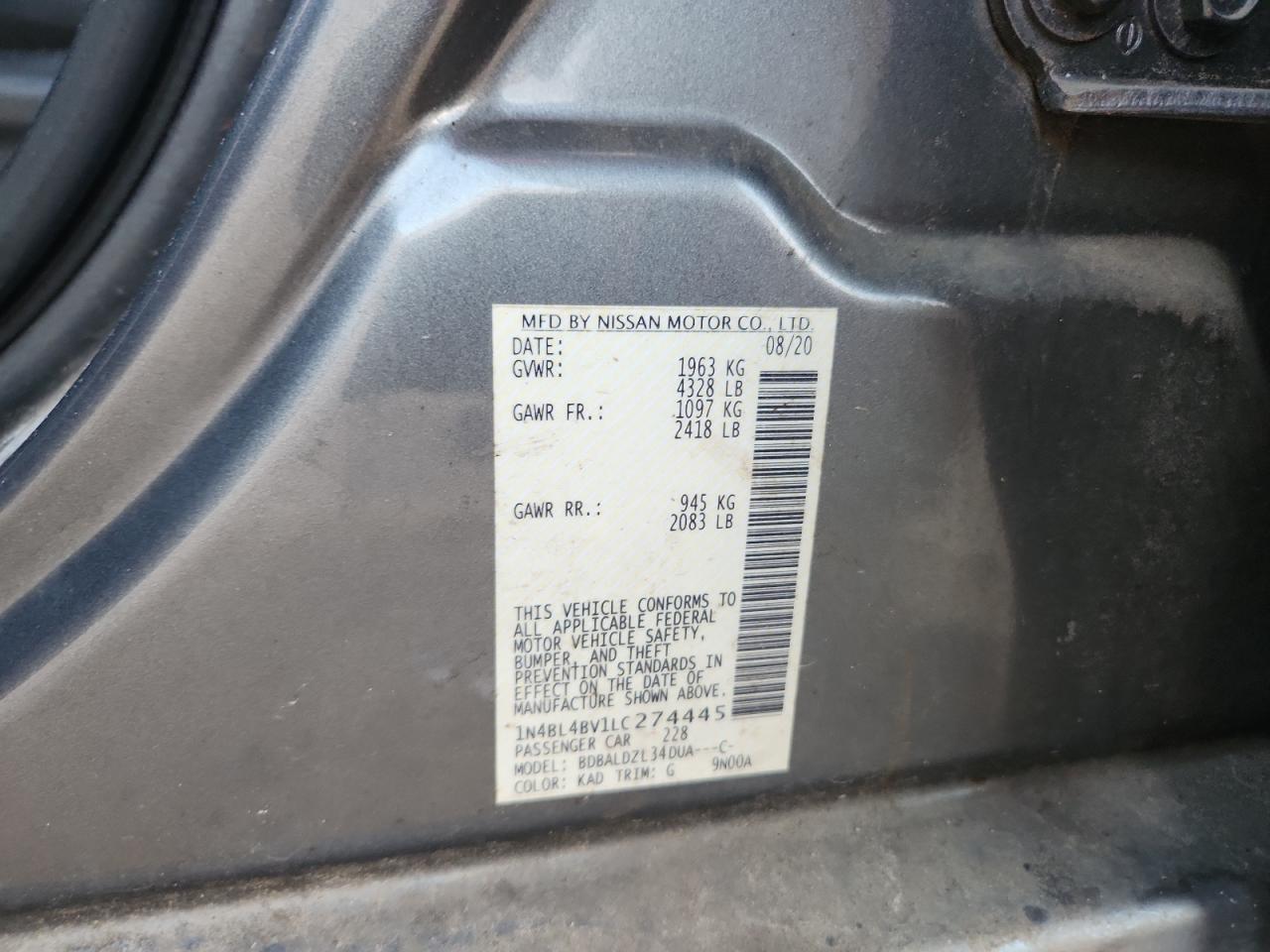 2020 Nissan Altima S VIN: 1N4BL4BV1LC274445 Lot: 81987005