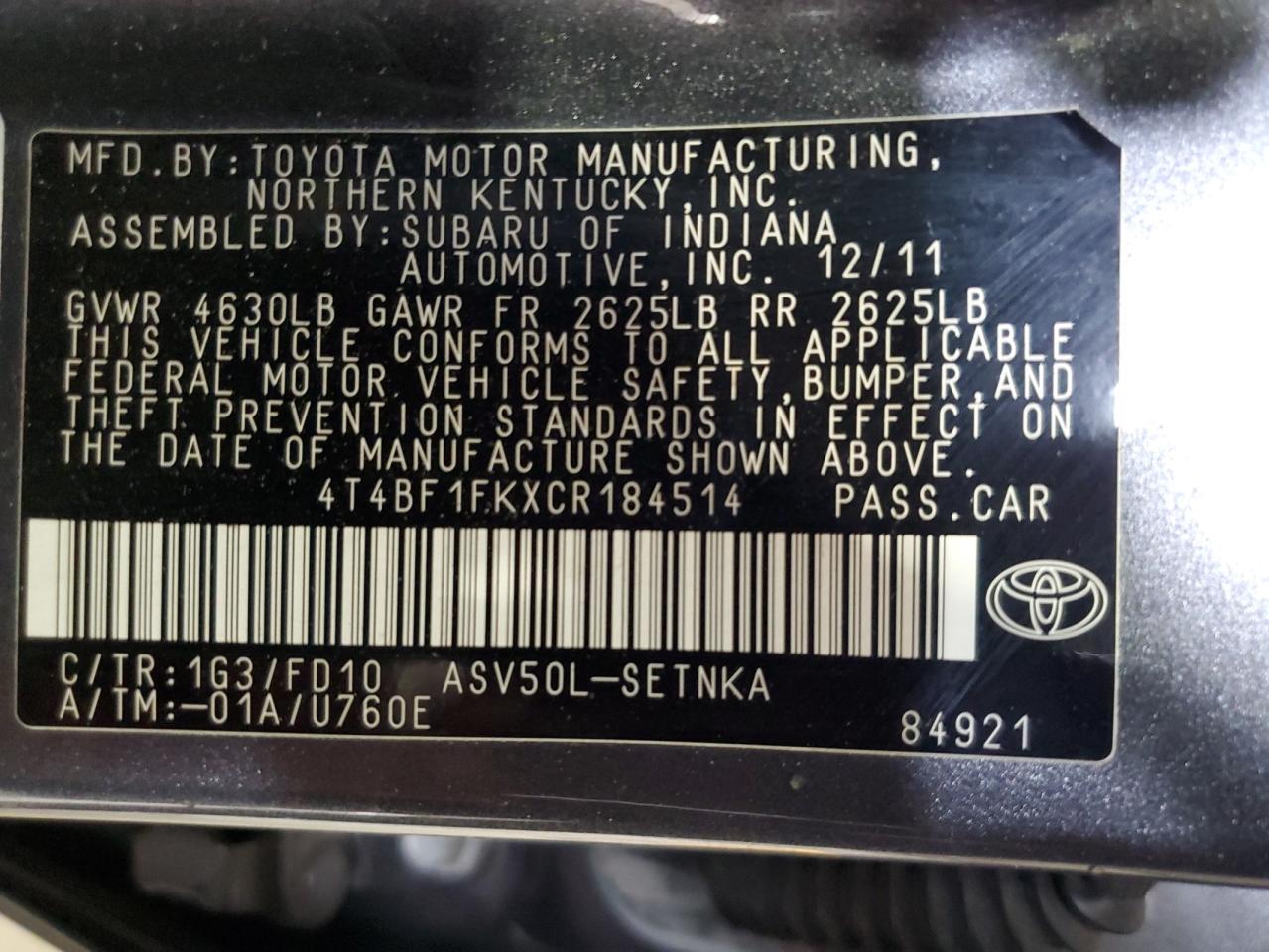 2012 Toyota Camry Base VIN: 4T4BF1FKXCR184514 Lot: 86408205