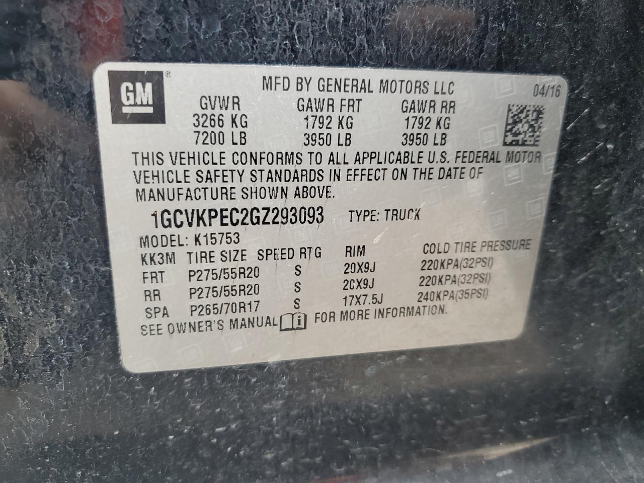 2016 Chevrolet Silverado K1500 Custom VIN: 1GCVKPEC2GZ293093 Lot: 82232125