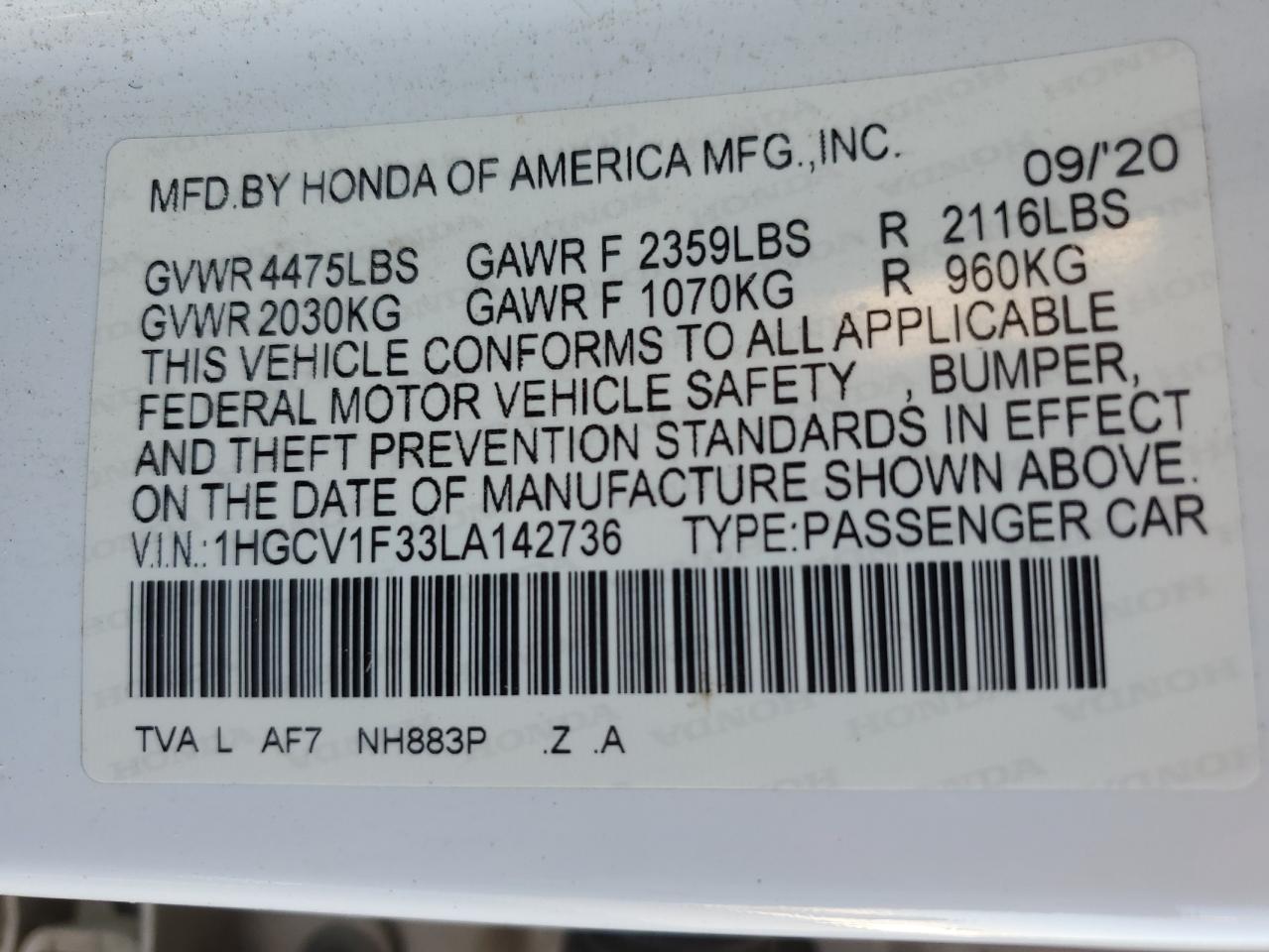 2020 Honda Accord Sport VIN: 1HGCV1F33LA142736 Lot: 90848285