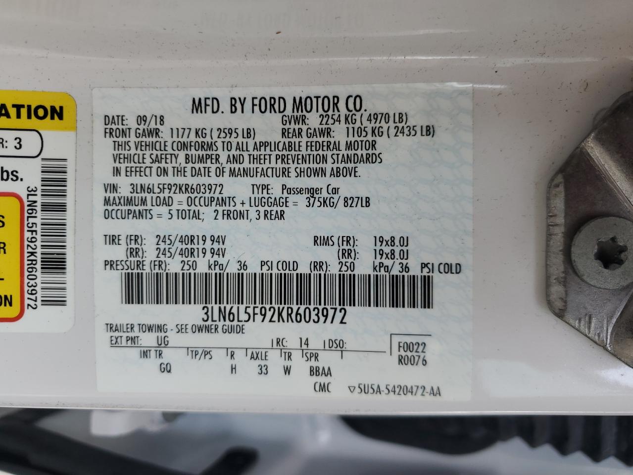 2019 Lincoln Mkz Reserve Ii VIN: 3LN6L5F92KR603972 Lot: 90048885