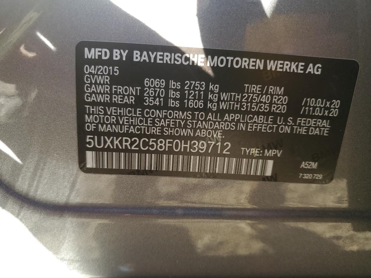 2015 BMW X5 Sdrive35I VIN: 5UXKR2C58F0H39712 Lot: 85511145