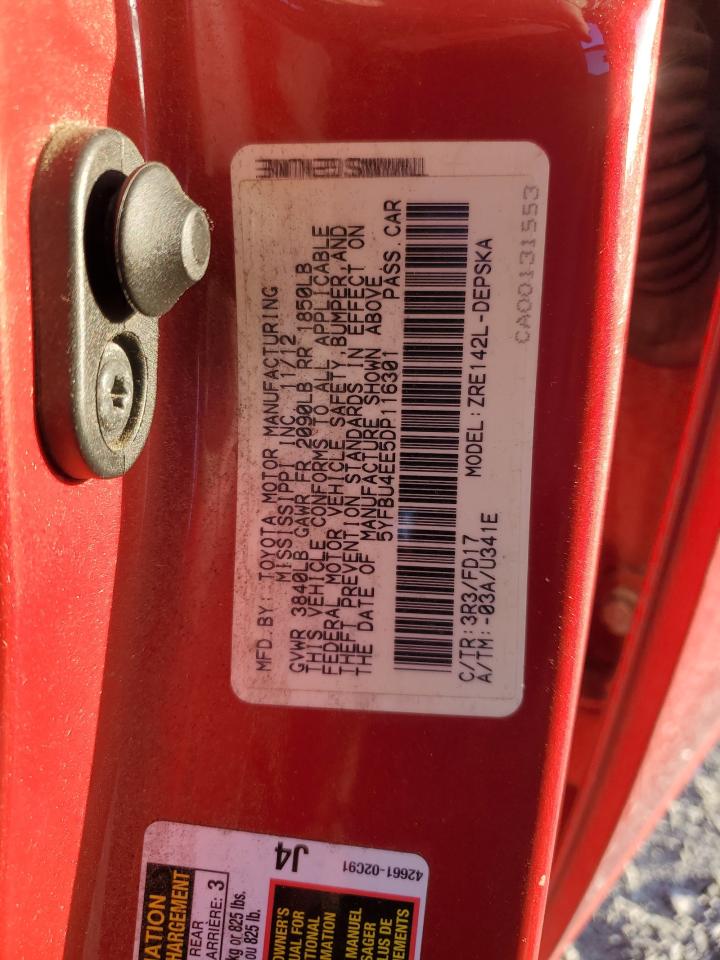 2013 Toyota Corolla Base VIN: 5YFBU4EE5DP116301 Lot: 85387365