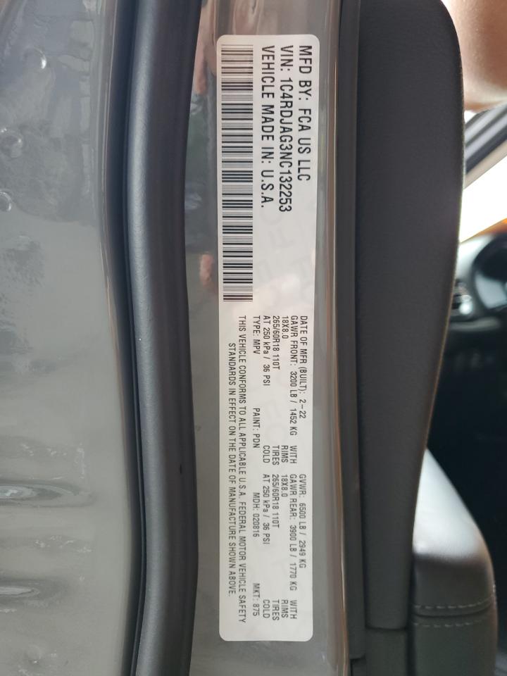 2022 Dodge Durango Sxt VIN: 1C4RDJAG3NC132253 Lot: 85293235