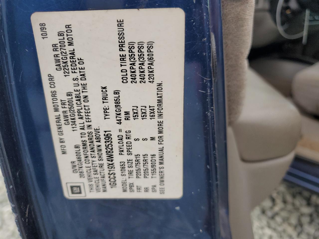 1998 Chevrolet S Truck S10 VIN: 1GCCS19X4W8253961 Lot: 84641245