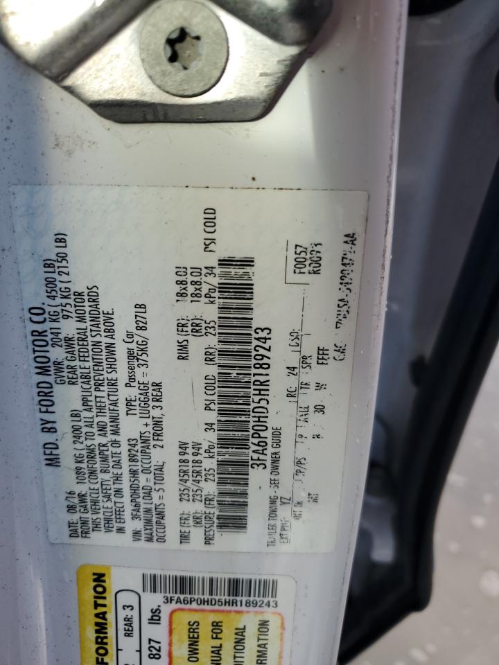 2017 Ford Fusion Se VIN: 3FA6P0HD5HR189243 Lot: 85545375