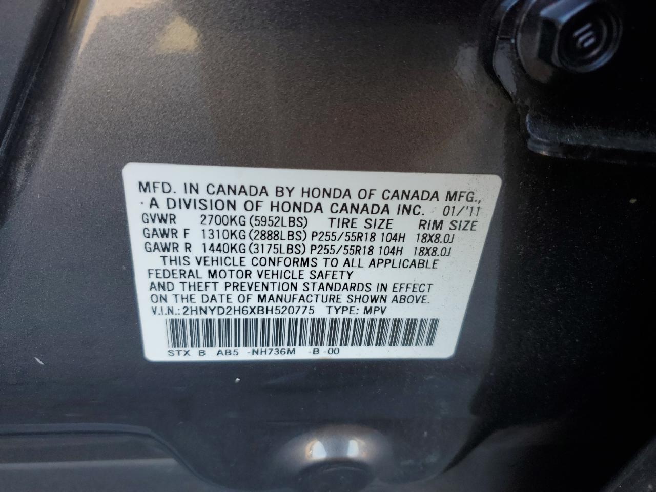 2011 Acura Mdx Technology VIN: 2HNYD2H6XBH520775 Lot: 87388265