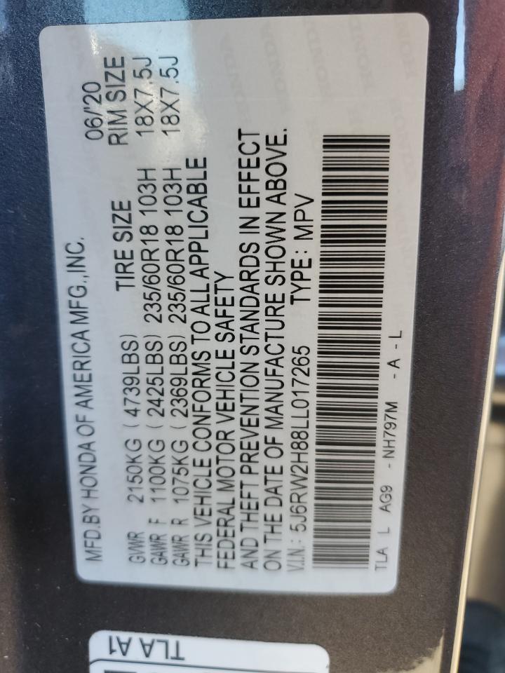 2020 Honda Cr-V Exl VIN: 5J6RW2H88LL017265 Lot: 87232835