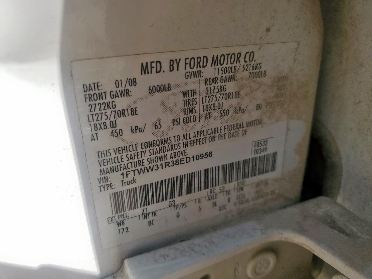 2008 Ford F350 Srw Super Duty VIN: 1FTWW31R38ED10956 Lot: 84972885