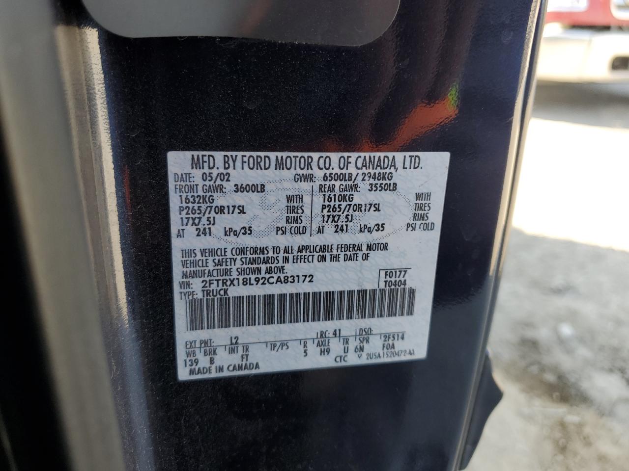 2002 Ford F150 VIN: 2FTRX18L92CA83172 Lot: 84878185