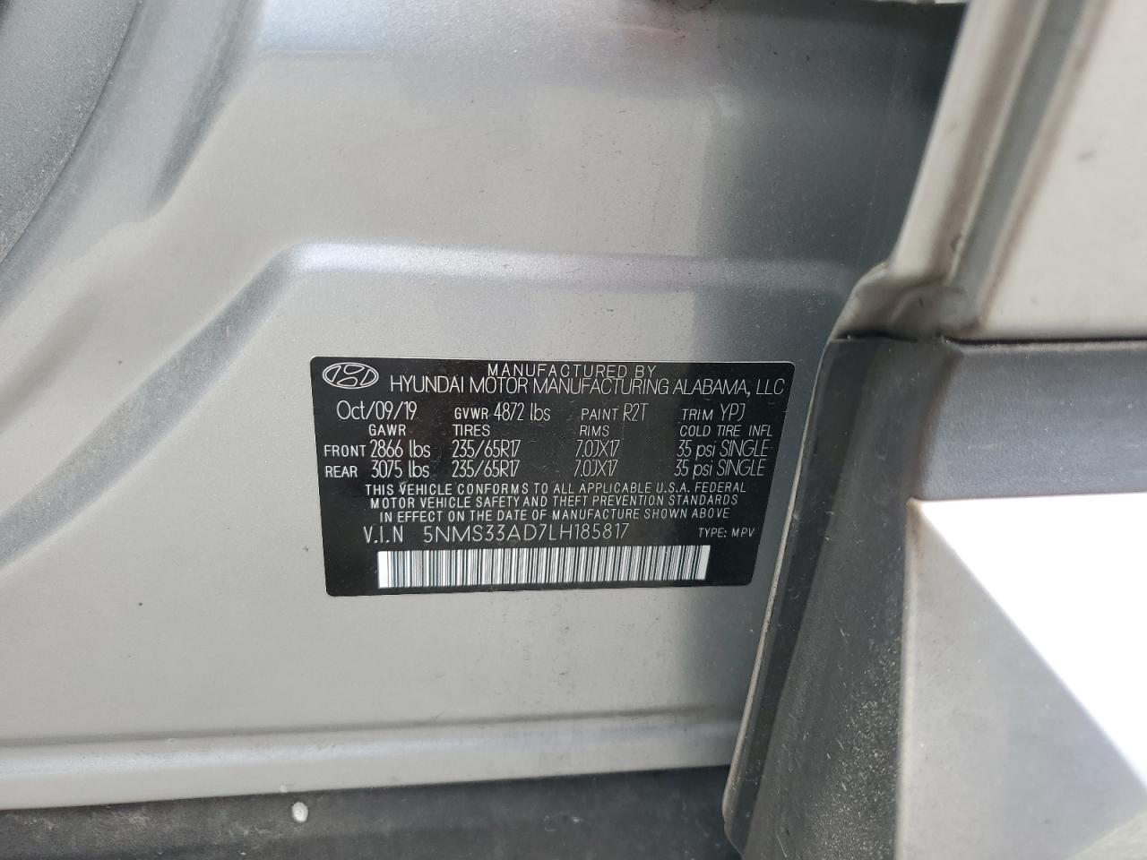 2020 Hyundai Santa Fe Sel VIN: 5NMS33AD7LH185817 Lot: 90603295