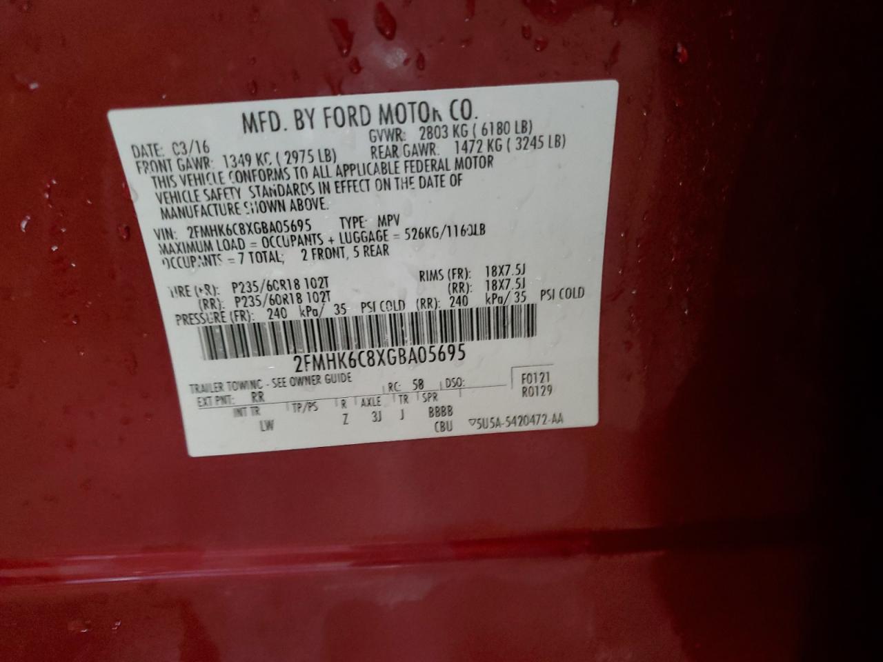 2016 Ford Flex Sel VIN: 2FMHK6C8XGBA05695 Lot: 85169205