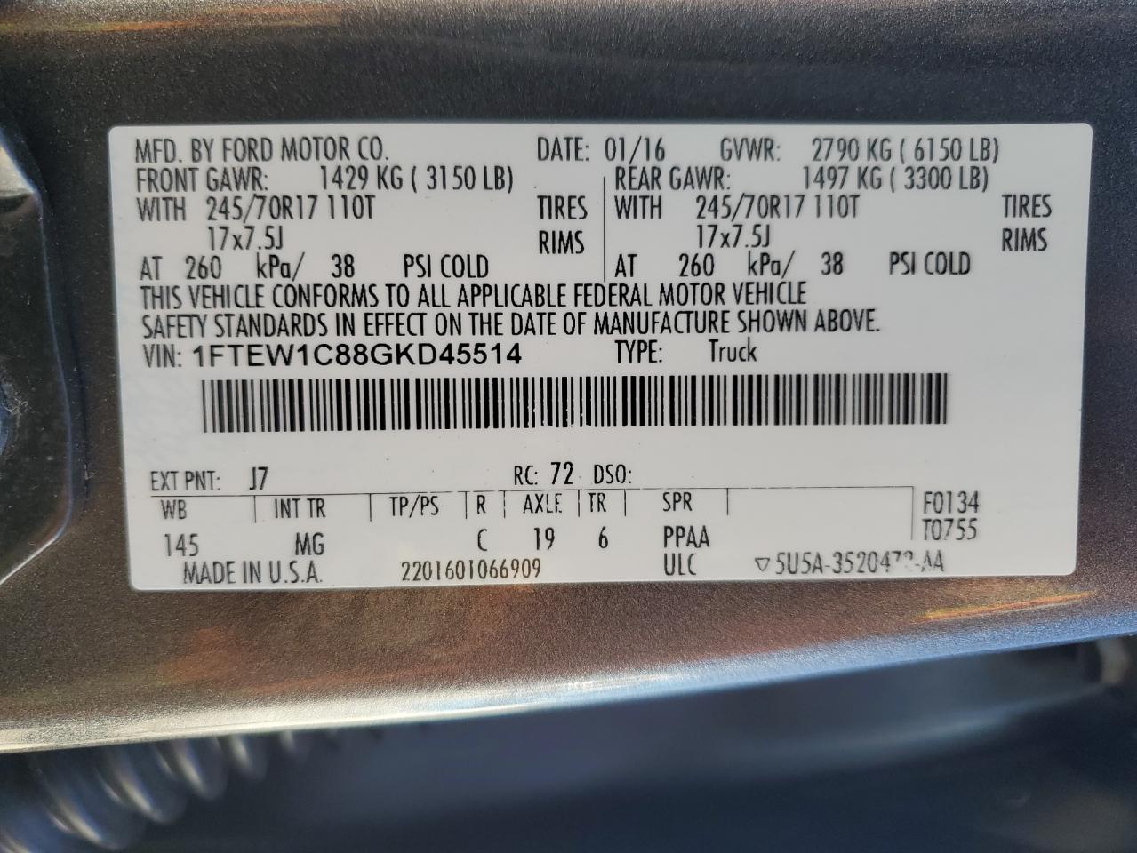 2016 Ford F150 Supercrew VIN: 1FTEW1C88GKD45514 Lot: 81961395