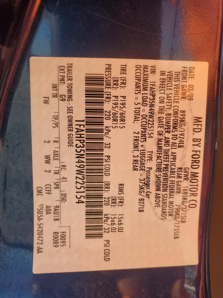 2009 Ford Focus Se VIN: 1FAHP35N49W225154 Lot: 85849165