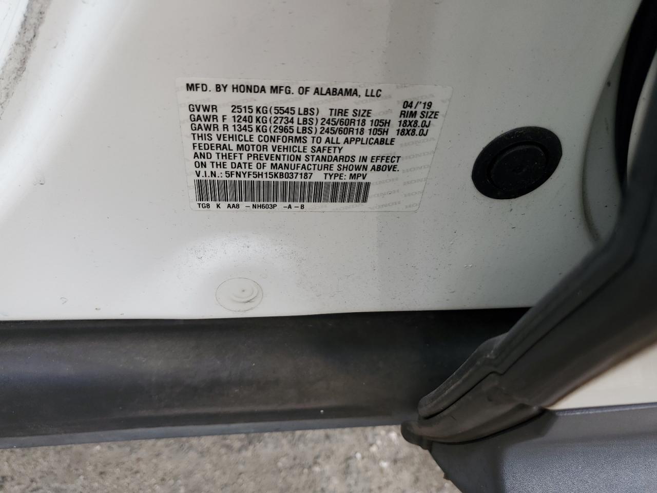 2019 Honda Pilot Lx VIN: 5FNYF5H15KB037187 Lot: 86053845