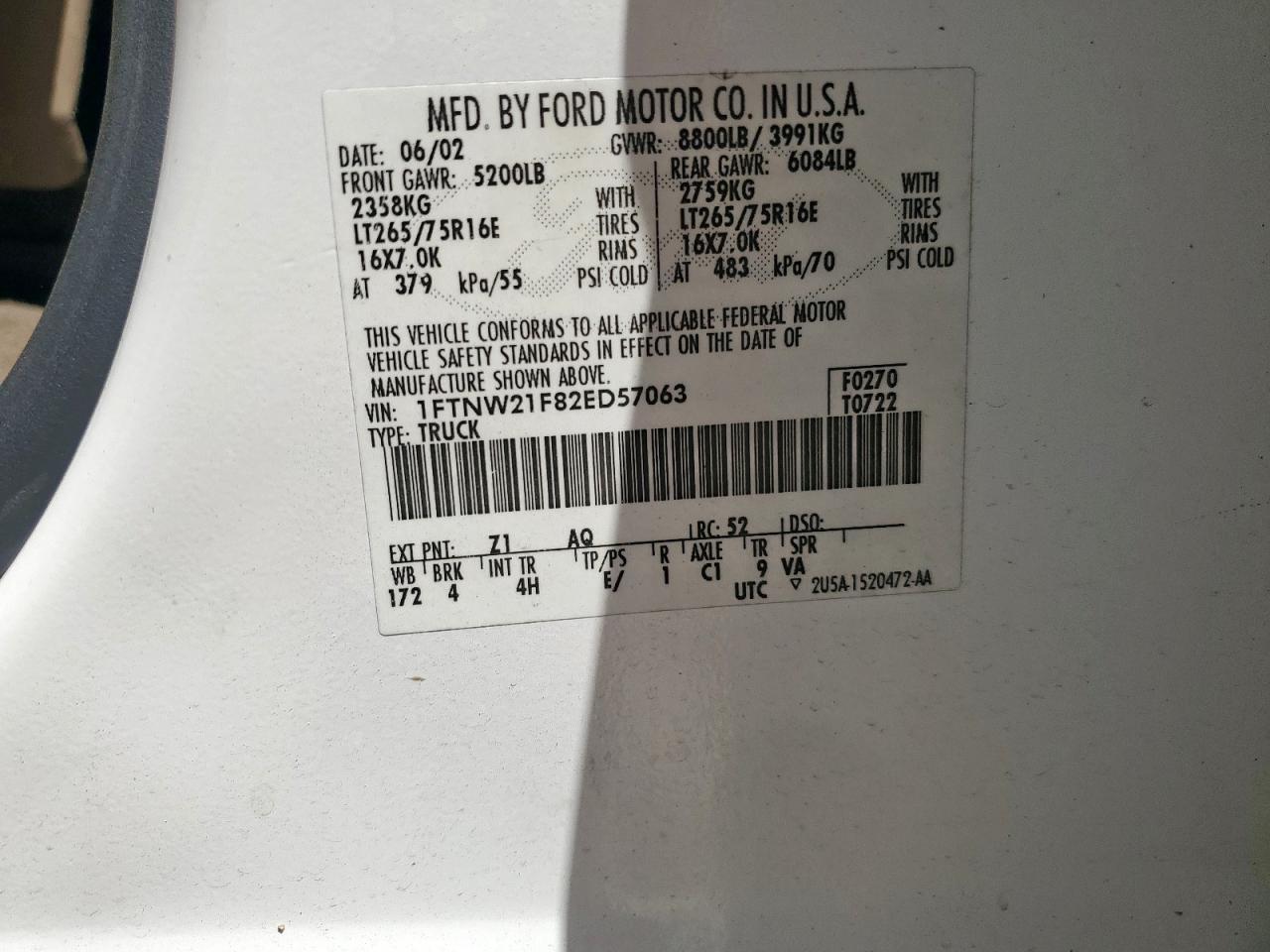 2002 Ford F250 Super Duty VIN: 1FTNW21F82ED57063 Lot: 81878755