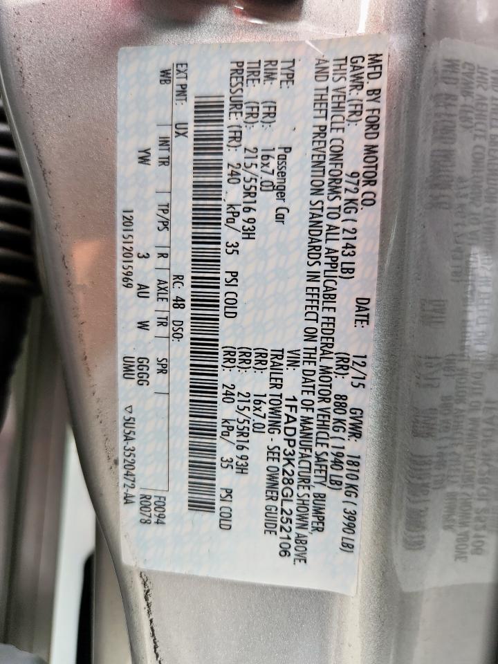 2016 Ford Focus Se VIN: 1FADP3K28GL252106 Lot: 85579665