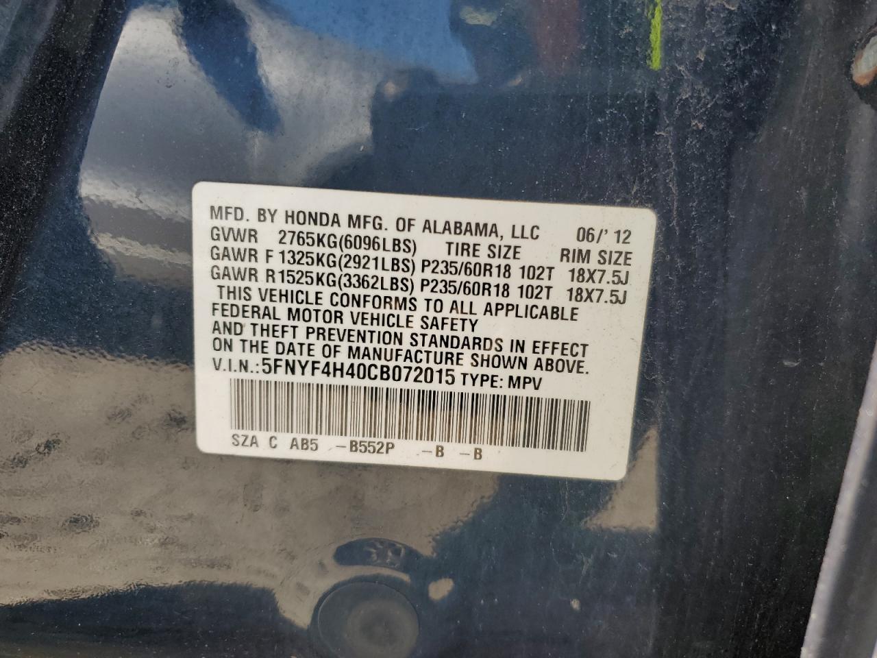 2012 Honda Pilot Ex VIN: 5FNYF4H40CB072015 Lot: 83843735
