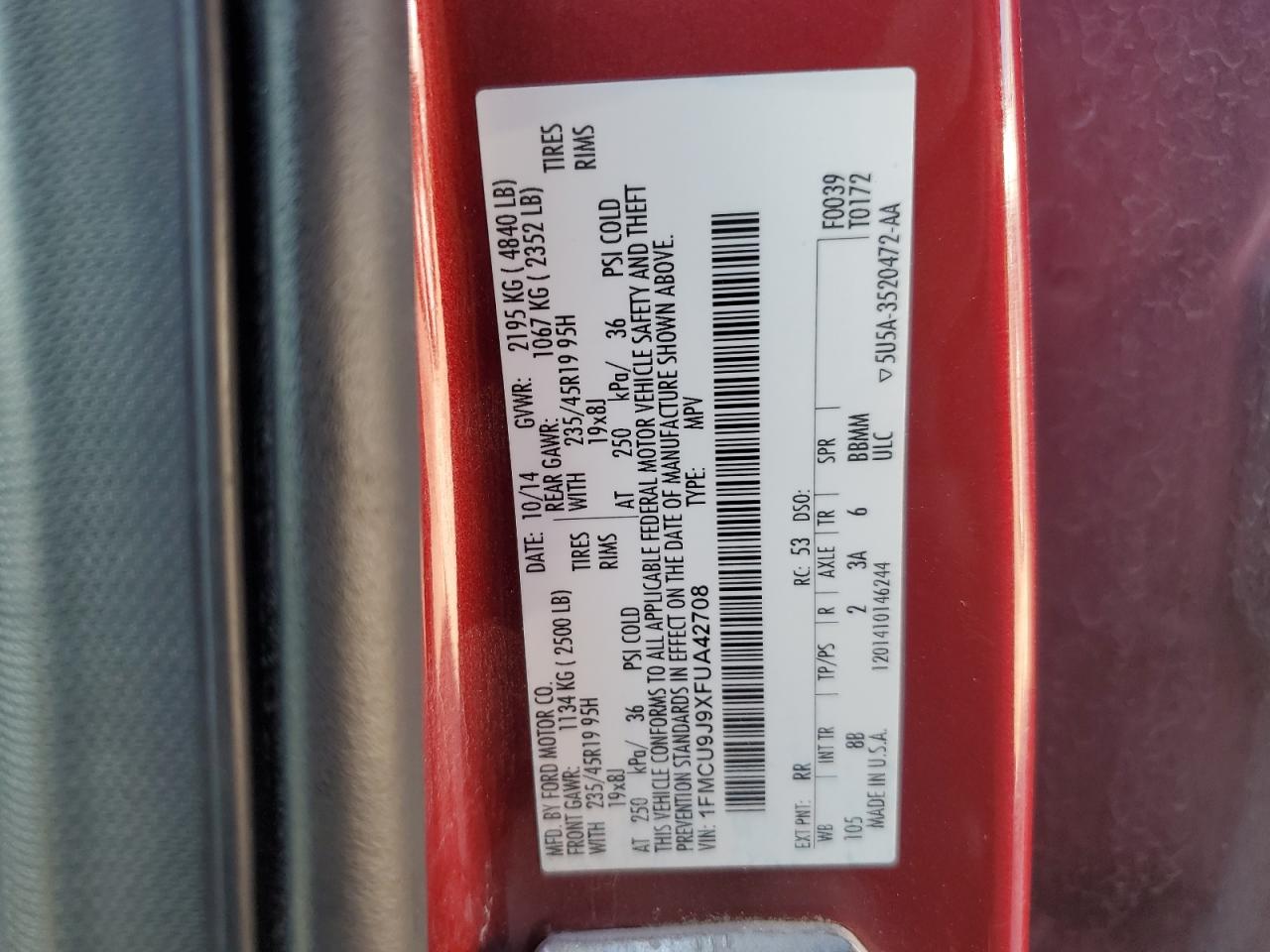 2015 Ford Escape Titanium VIN: 1FMCU9J9XFUA42708 Lot: 90410065