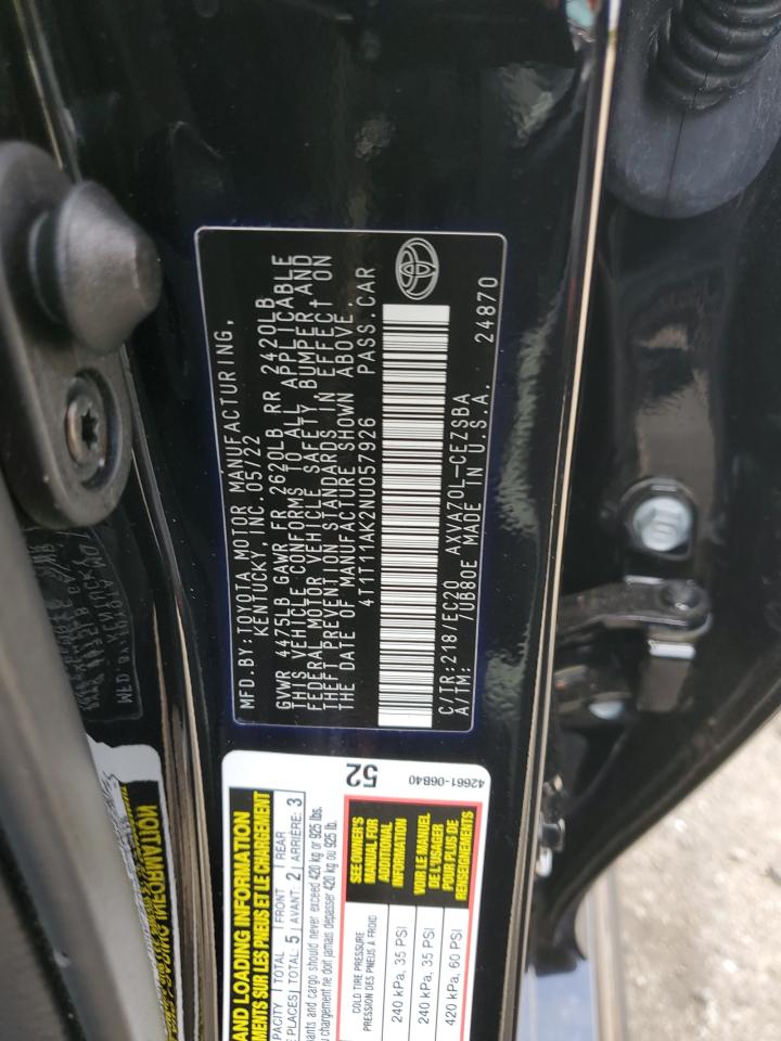 2022 Toyota Camry Se VIN: 4T1T11AK2NU057926 Lot: 85909325