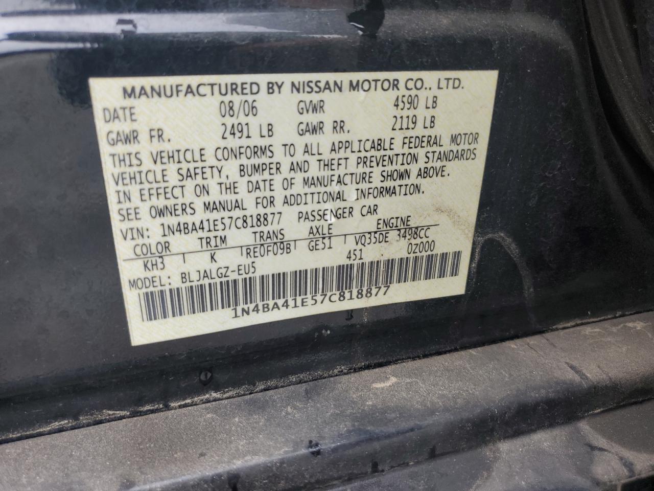 2007 Nissan Maxima Se VIN: 1N4BA41E57C818877 Lot: 85267435