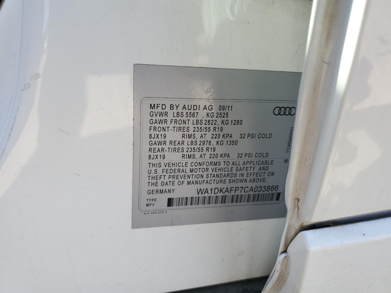 2012 Audi Q5 Premium Plus VIN: WA1DKAFP7CA033866 Lot: 86070985