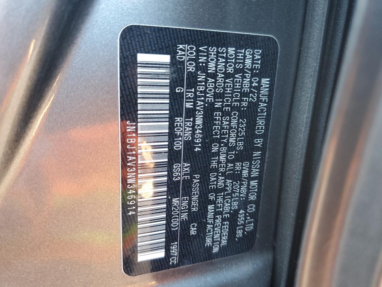 2022 Nissan Rogue Sport S VIN: JN1BJ1AV3NW346914 Lot: 82547865