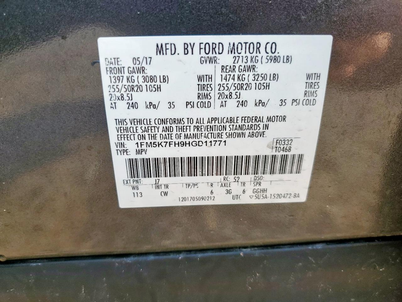 2017 Ford Explorer Limited VIN: 1FM5K7FH9HGD11771 Lot: 85725615