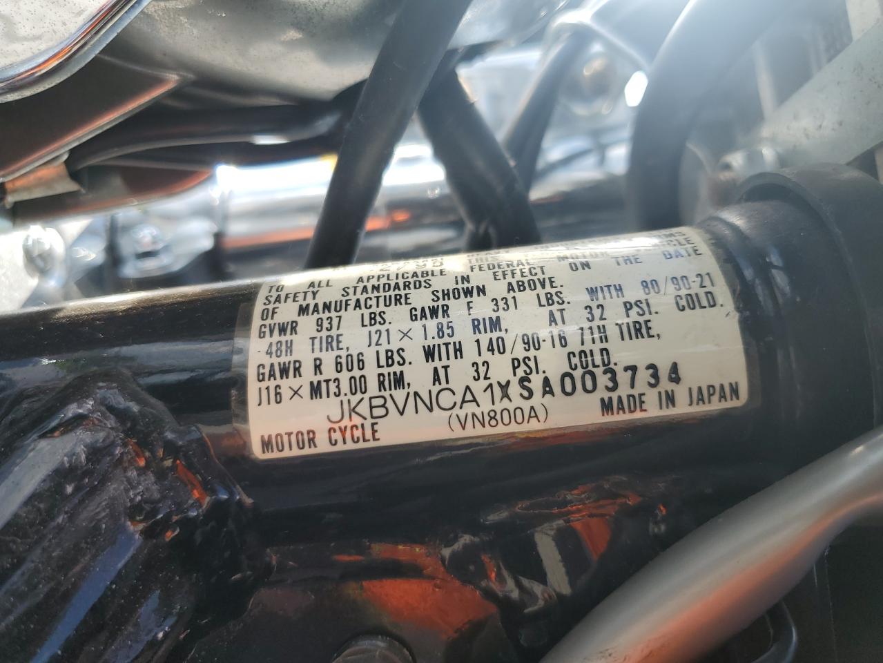 1995 Kawasaki Vn800 VIN: JKBVNCA1XSA003734 Lot: 85354435