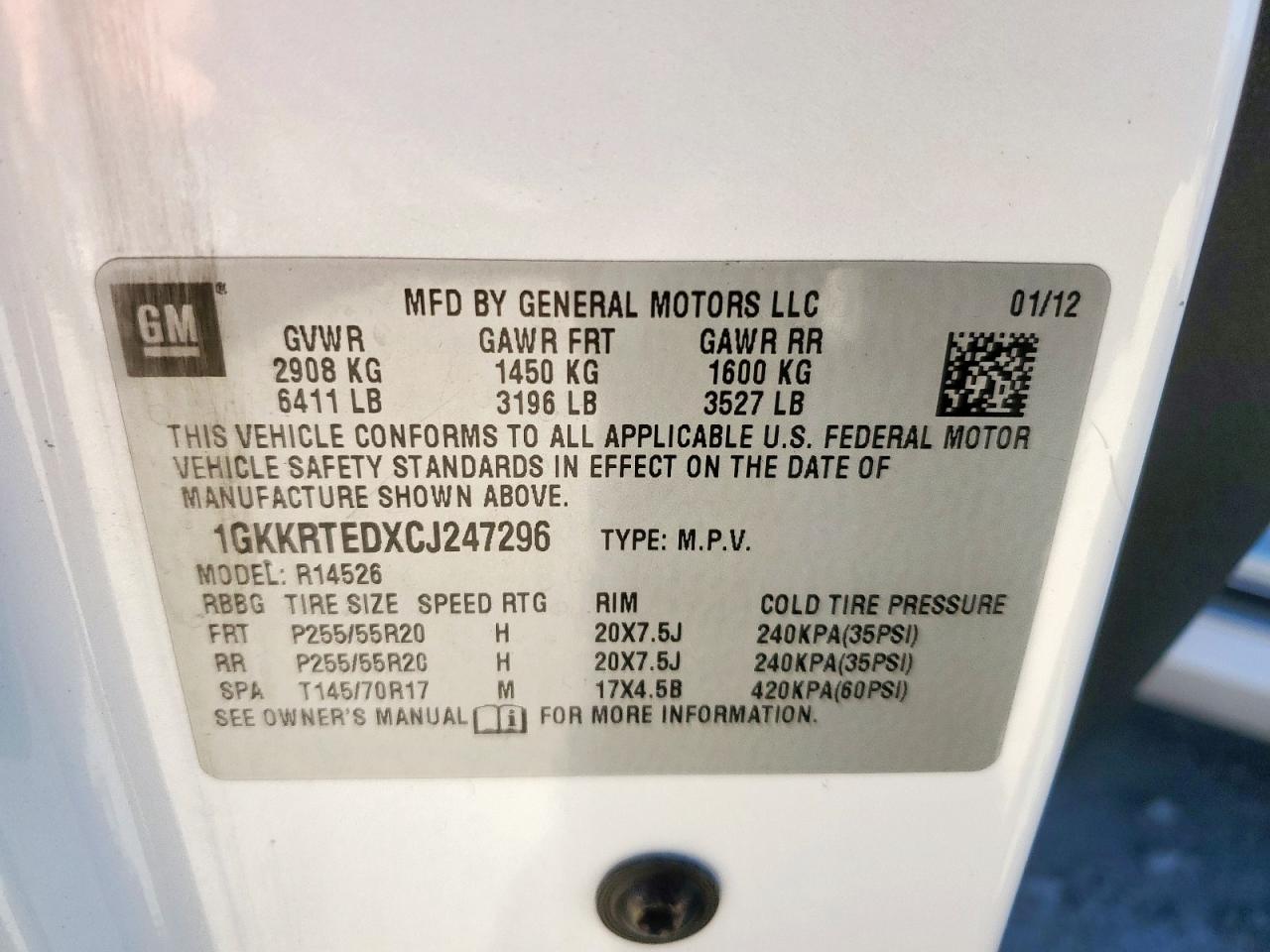 2012 GMC Acadia Denali VIN: 1GKKRTEDXCJ247296 Lot: 90799805