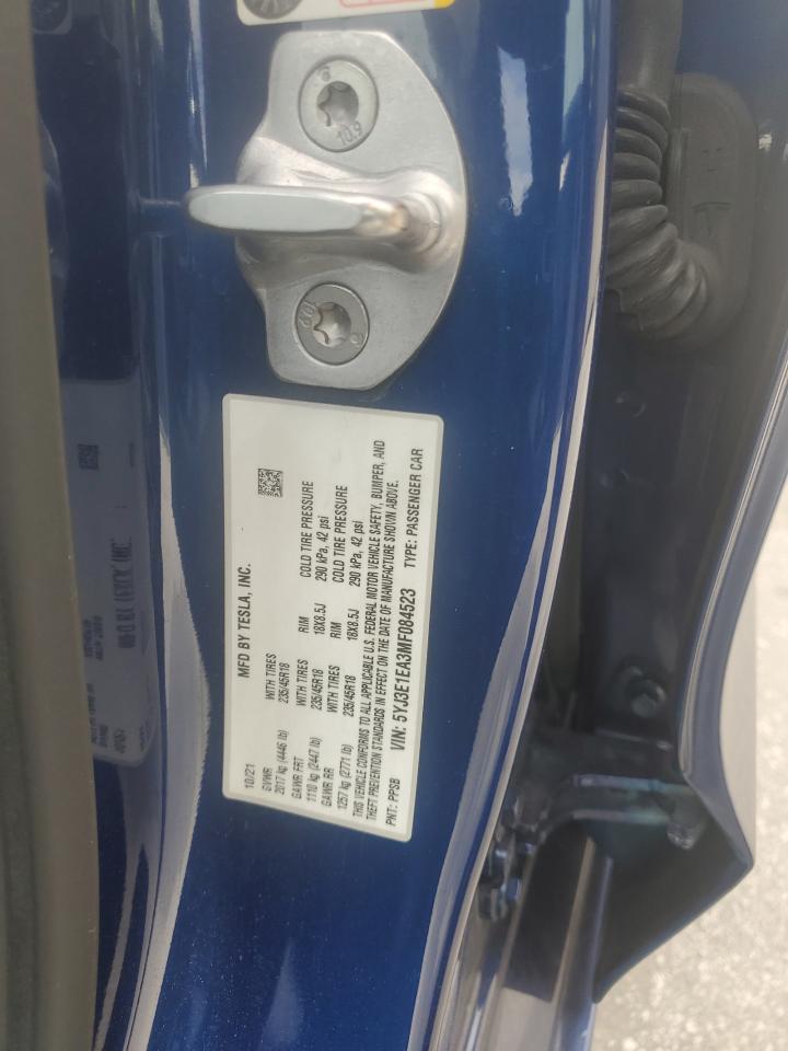 2021 Tesla Model 3 VIN: 5YJ3E1EA3MF084523 Lot: 85171365