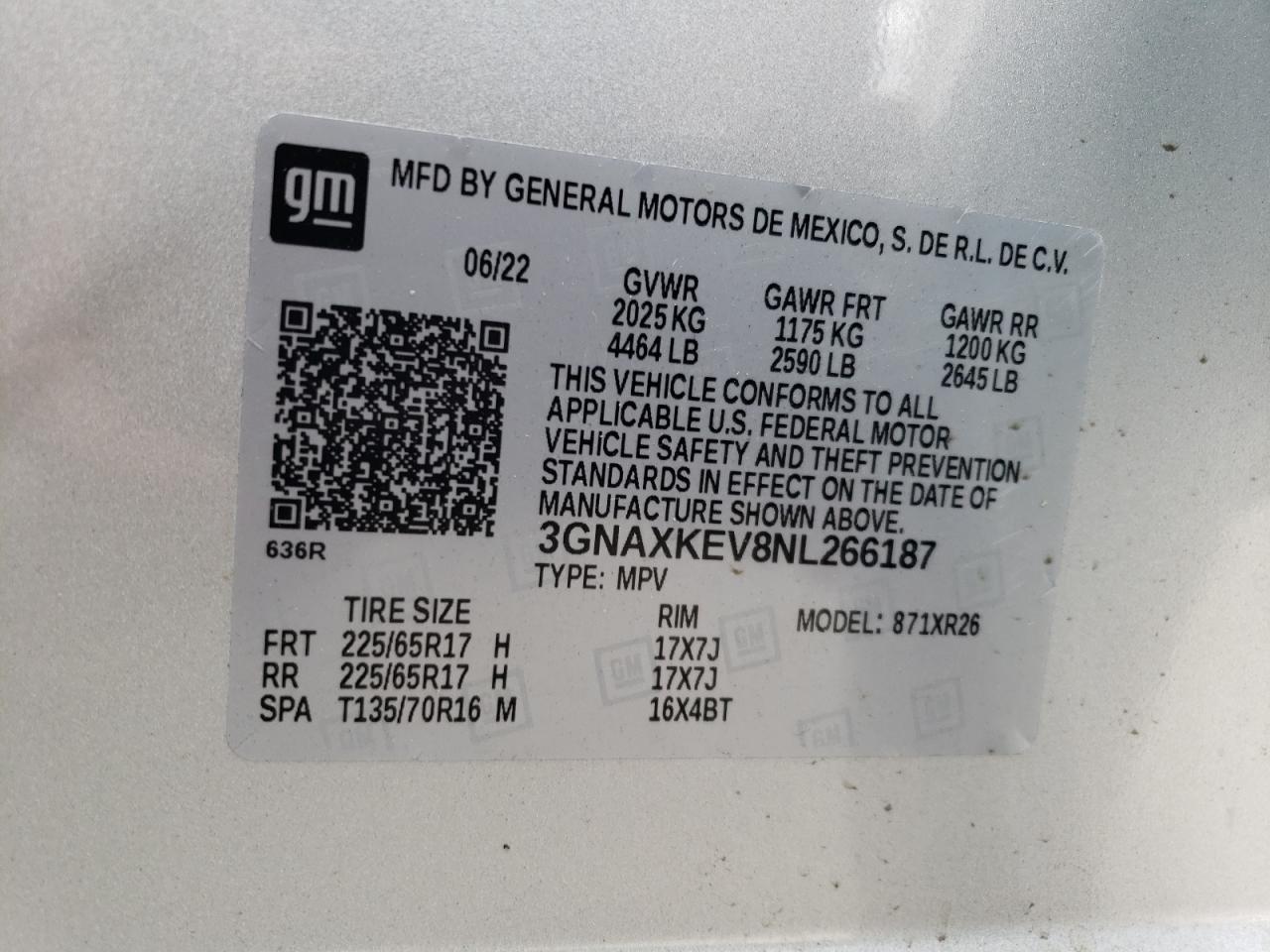 2022 Chevrolet Equinox Lt VIN: 3GNAXKEV8NL266187 Lot: 85384635