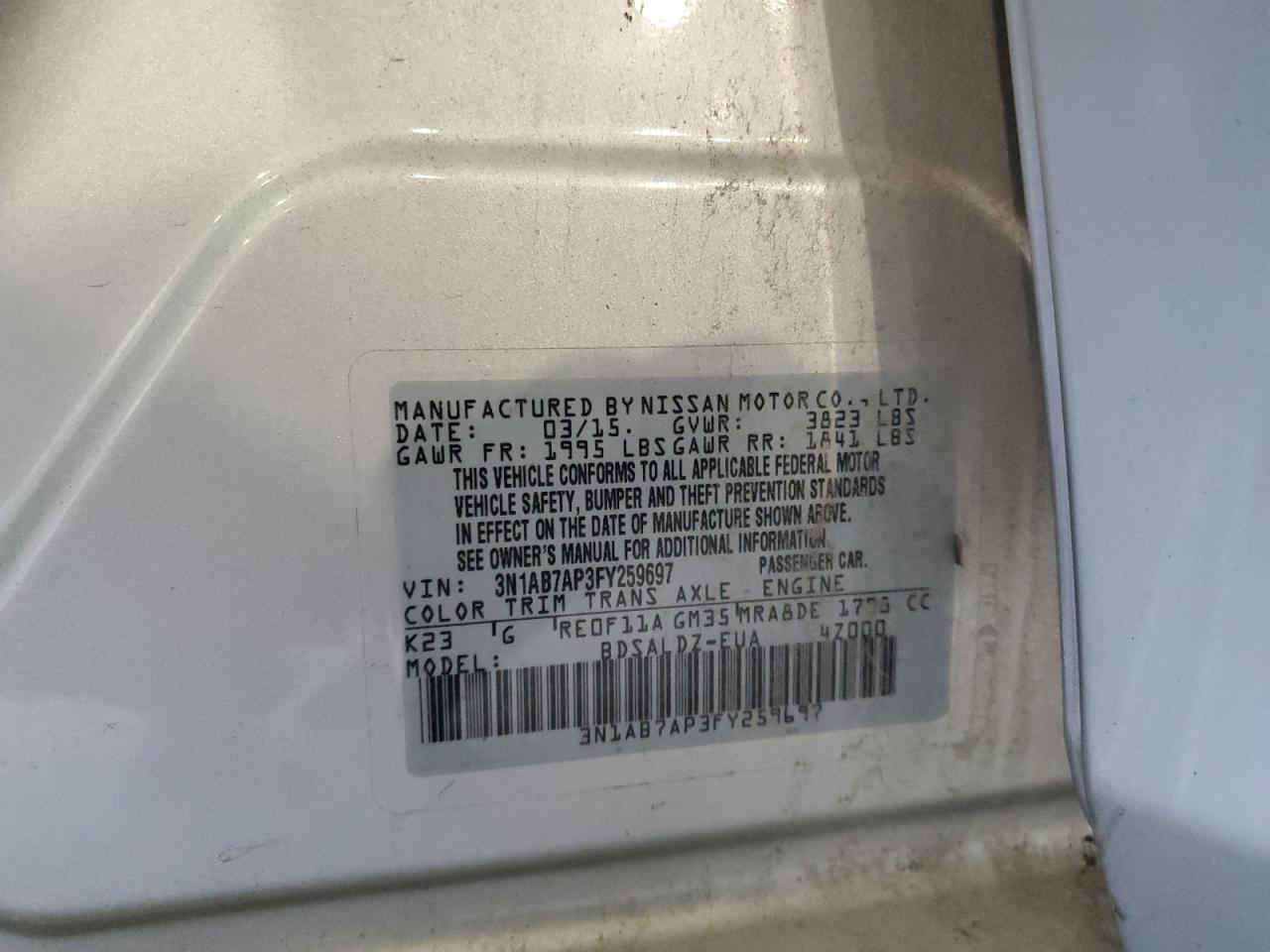 2015 Nissan Sentra S VIN: 3N1AB7AP3FY259697 Lot: 82001305