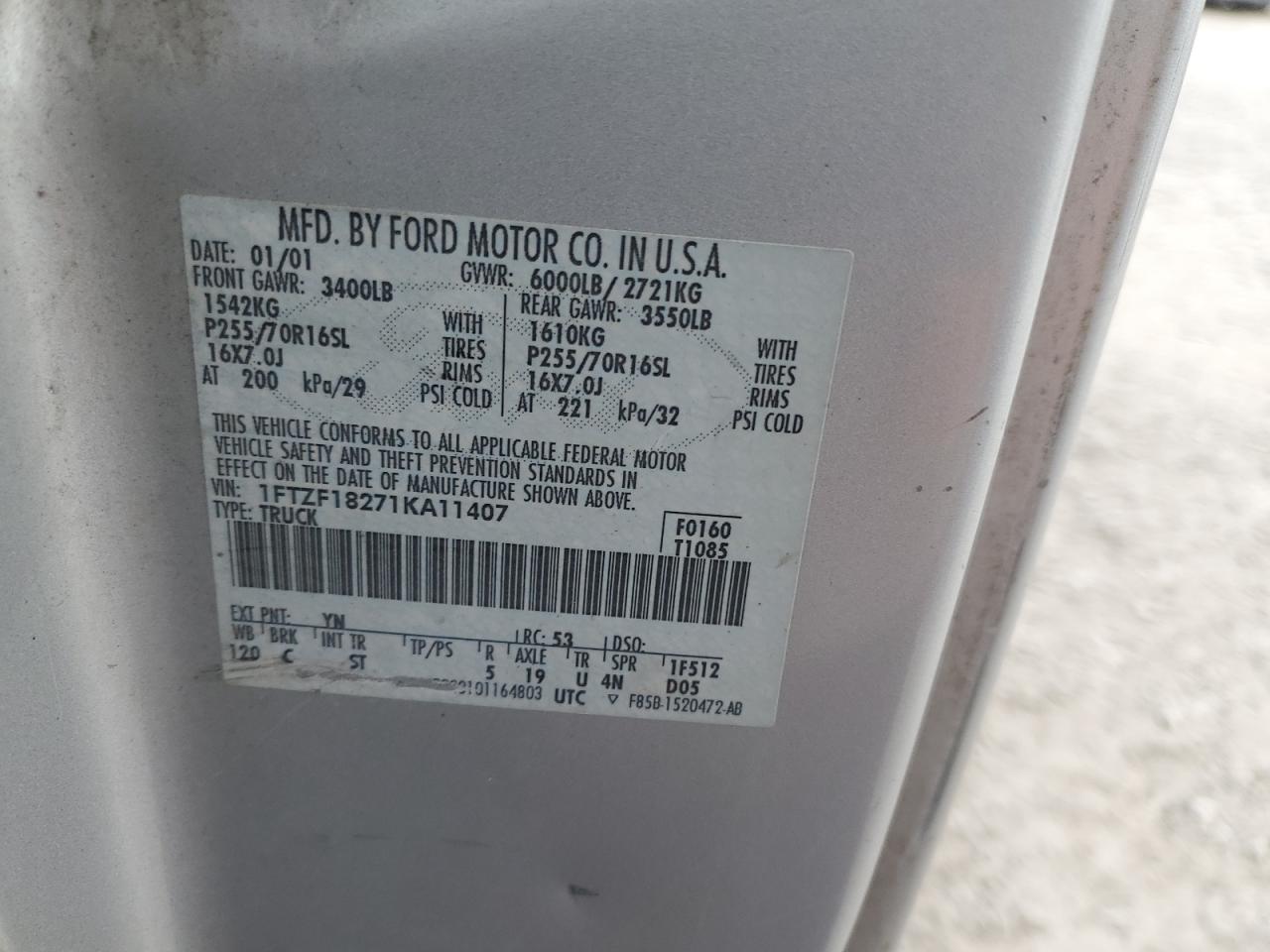 2001 Ford F150 VIN: 1FTZF18271KA11407 Lot: 82397145