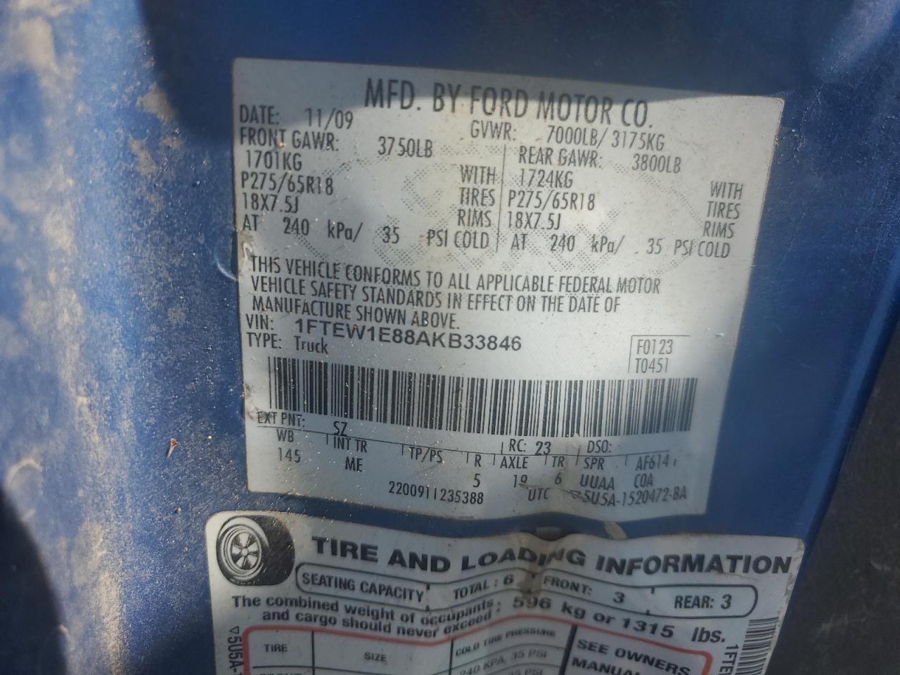 2010 Ford F150 Supercrew VIN: 1FTEW1E88AKB33846 Lot: 82345195