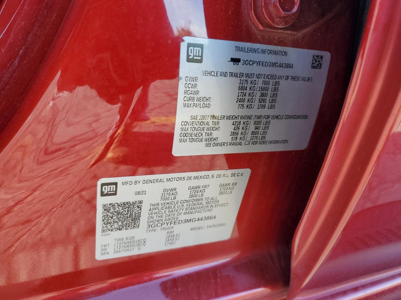 2021 Chevrolet Silverado K1500 Lt Trail Boss VIN: 3GCPYFED3MG443864 Lot: 86276355