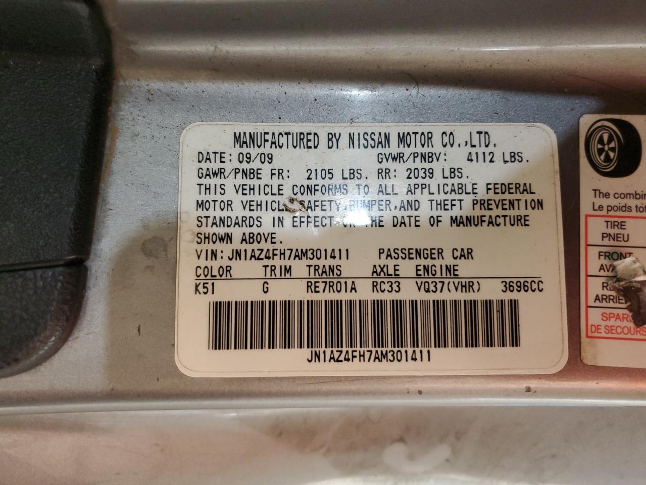 2010 Nissan 370Z VIN: JN1AZ4FH7AM301411 Lot: 87472325