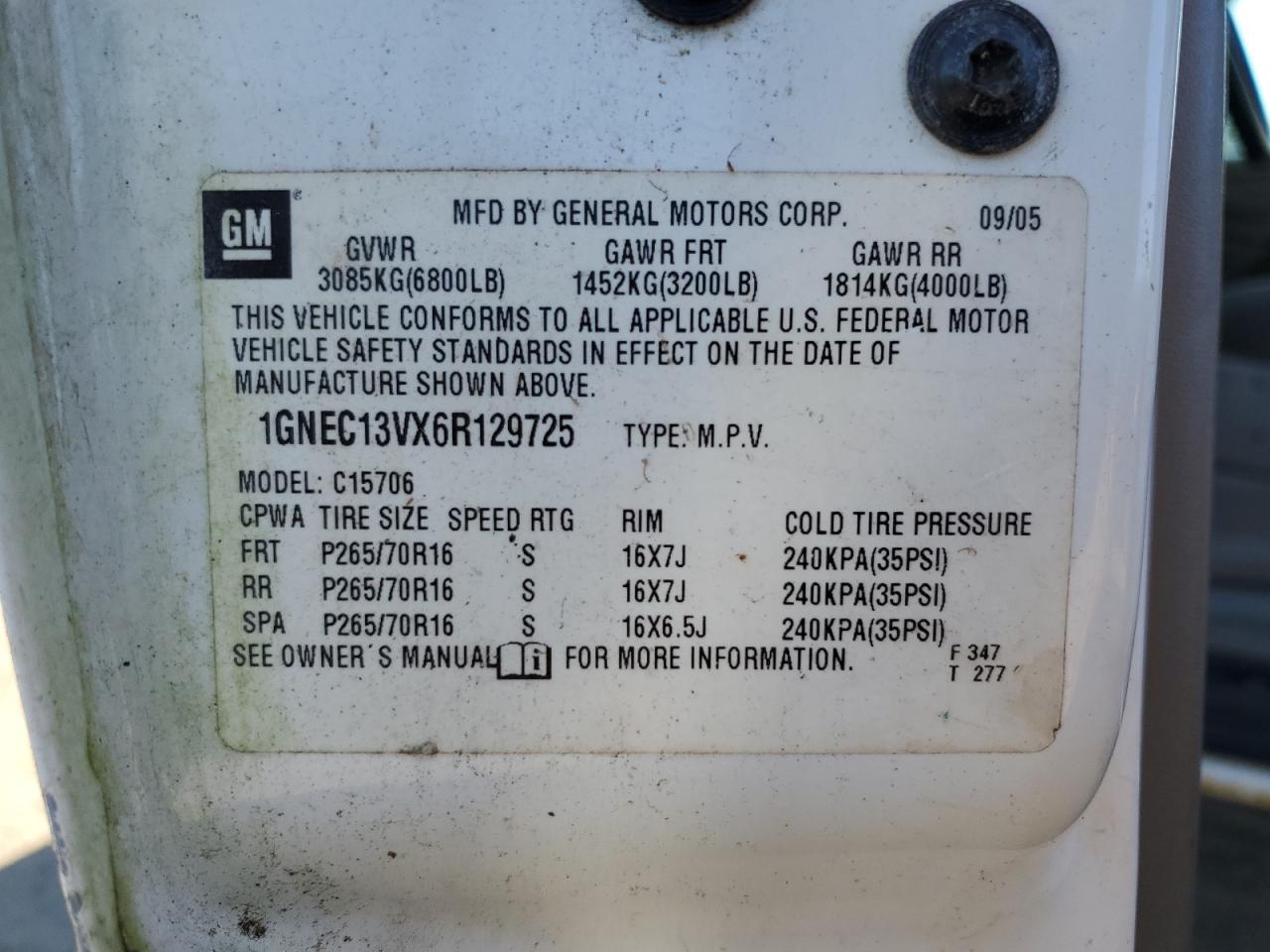 2006 Chevrolet Tahoe C1500 VIN: 1GNEC13VX6R129725 Lot: 84365965