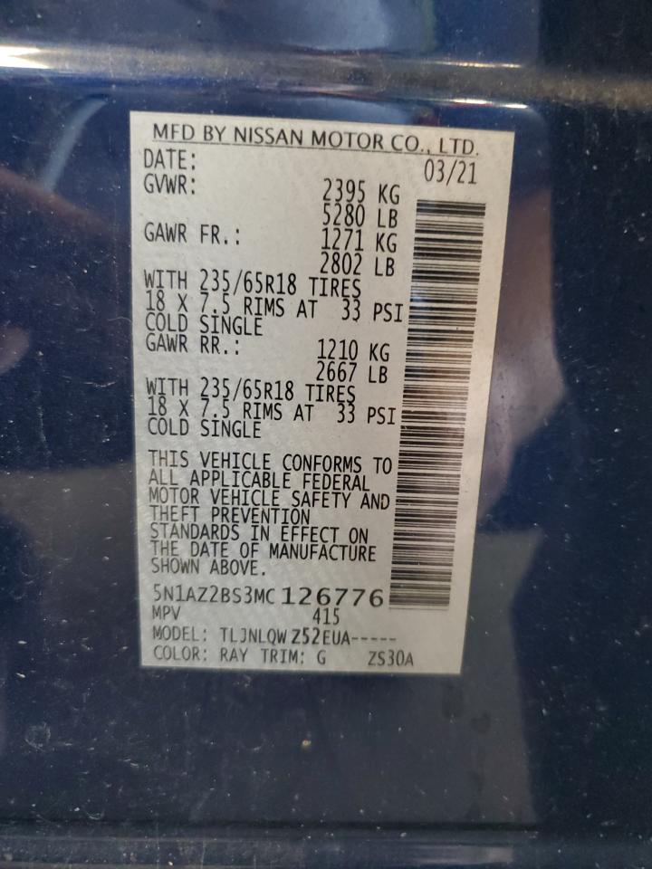 2021 Nissan Murano Sv VIN: 5N1AZ2BS3MC126776 Lot: 84907895